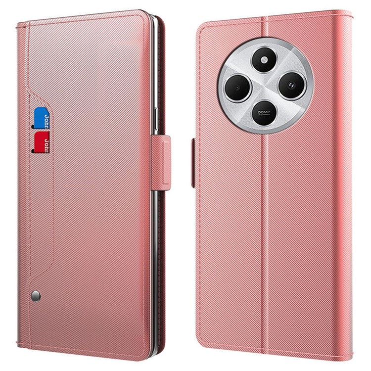 For Xiaomi Poco C75 4G / Redmi 14R 5G / 14C 4G Case Stand PU Leather Phone Cover Card Holder Mirror - Rose Gold