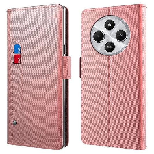 For Xiaomi Poco C75 4G / Redmi 14R 5G / 14C 4G Case Stand PU Leather Phone Cover Card Holder Mirror - Rose Gold