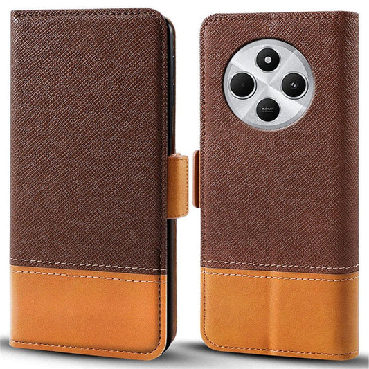 For Xiaomi Poco C75 4G / Redmi 14R 5G / 14C 4G Case Color Splicing PU Leather Wallet Phone Cover - Brown