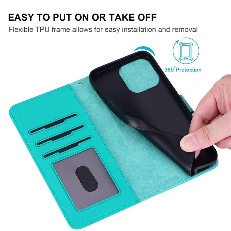 For iPhone 16 Case Cat Dandelion Imprint PU Leather Wallet Phone Cover with Strap - Blue