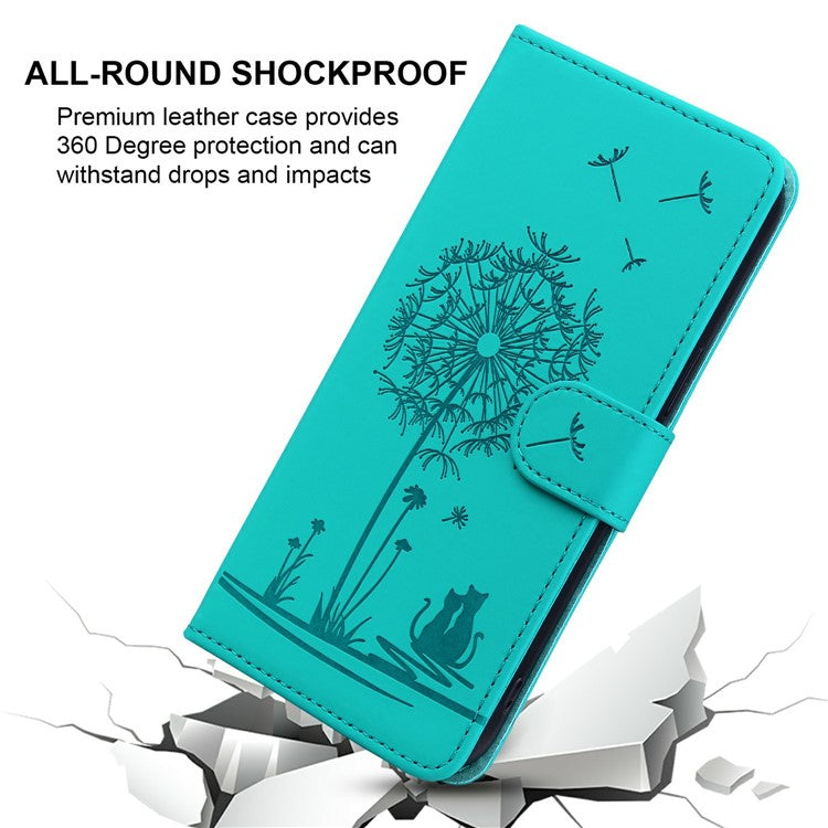 For iPhone 16 Case Cat Dandelion Imprint PU Leather Wallet Phone Cover with Strap - Blue