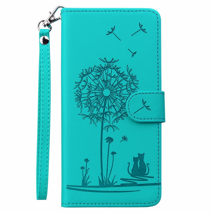 For iPhone 16 Case Cat Dandelion Imprint PU Leather Wallet Phone Cover with Strap - Blue