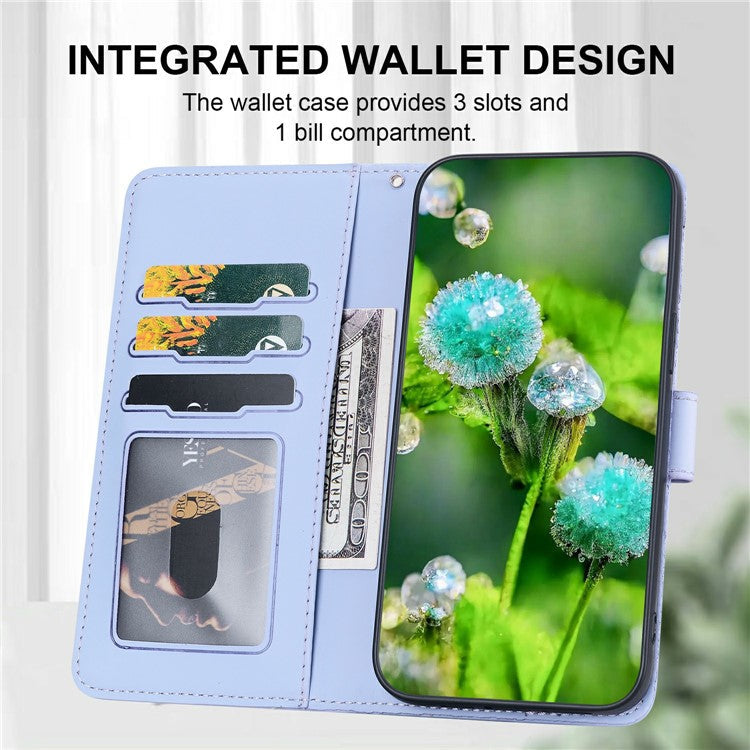 For iPhone 16 Case Cat Dandelion Imprint PU Leather Wallet Phone Cover with Strap - Purple