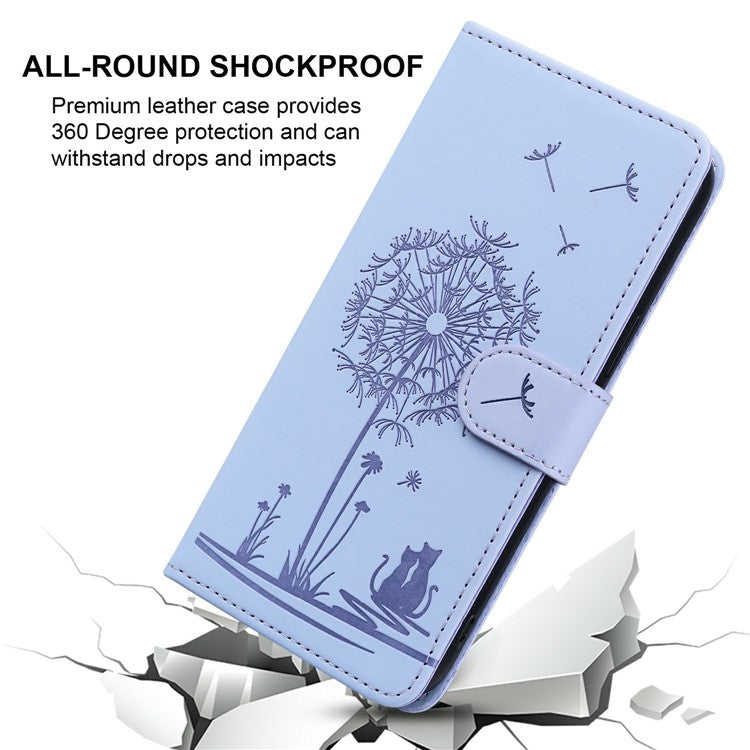 For iPhone 16 Case Cat Dandelion Imprint PU Leather Wallet Phone Cover with Strap - Purple
