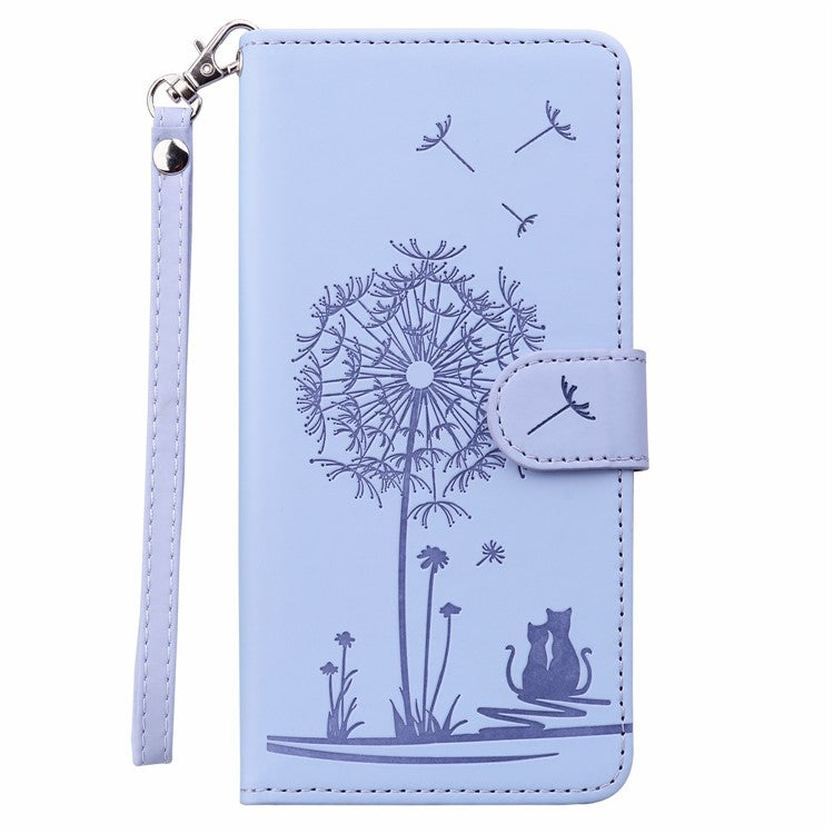 For iPhone 16 Case Cat Dandelion Imprint PU Leather Wallet Phone Cover with Strap - Purple