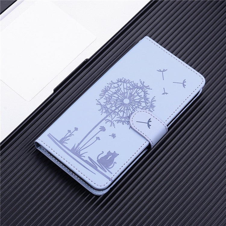 For iPhone 16 Case Cat Dandelion Imprint PU Leather Wallet Phone Cover with Strap - Purple