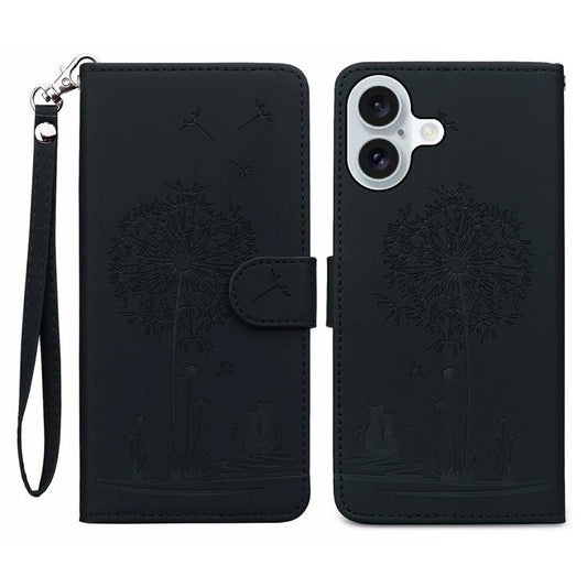For iPhone 16 Plus Case Cat Dandelion Imprint PU Leather Wallet Phone Cover with Strap - Black