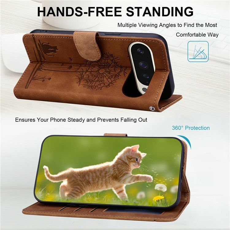 For Google Pixel 9 / 9 Pro Case Cat Dandelion Imprint PU Leather Wallet Phone Cover with Strap - Brown