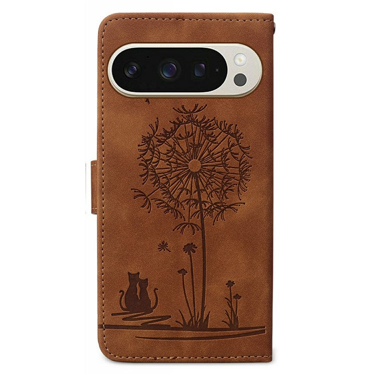 For Google Pixel 9 / 9 Pro Case Cat Dandelion Imprint PU Leather Wallet Phone Cover with Strap - Brown