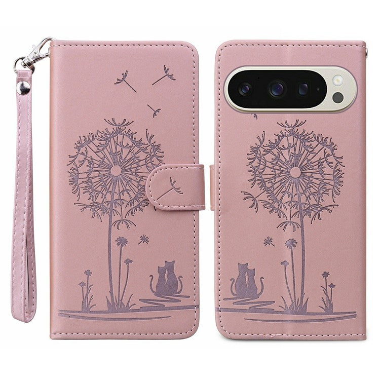 For Google Pixel 9 / 9 Pro Case Cat Dandelion Imprint PU Leather Wallet Phone Cover with Strap - Pink