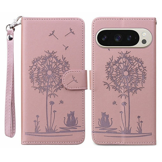 For Google Pixel 9 / 9 Pro Case Cat Dandelion Imprint PU Leather Wallet Phone Cover with Strap - Pink