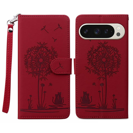 For Google Pixel 9 / 9 Pro Case Cat Dandelion Imprint PU Leather Wallet Phone Cover with Strap - Red