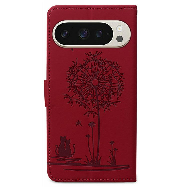For Google Pixel 9 / 9 Pro Case Cat Dandelion Imprint PU Leather Wallet Phone Cover with Strap - Red