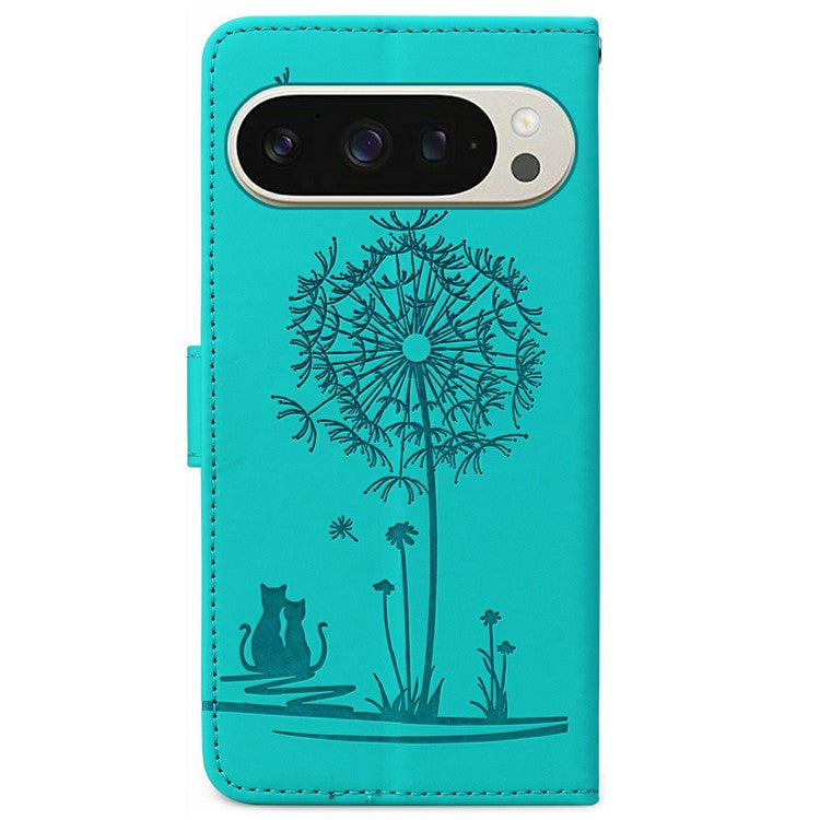 For Google Pixel 9 / 9 Pro Case Cat Dandelion Imprint PU Leather Wallet Phone Cover with Strap - Blue