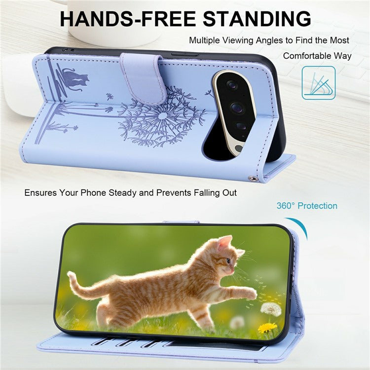 For Google Pixel 9 / 9 Pro Case Cat Dandelion Imprint PU Leather Wallet Phone Cover with Strap - Purple