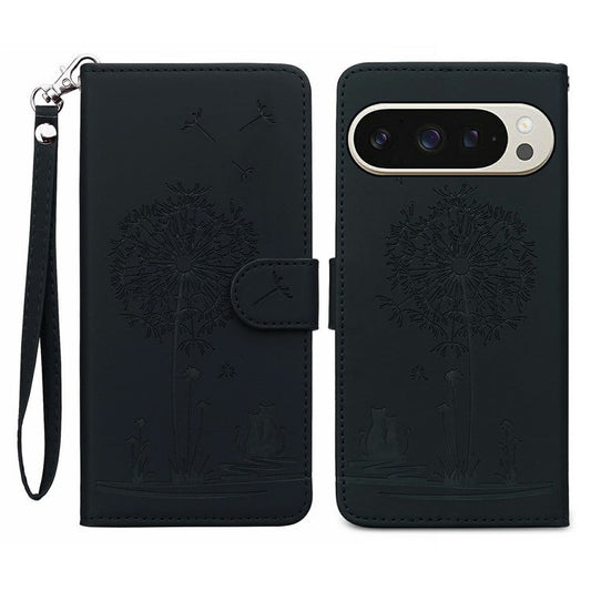 For Google Pixel 9 / 9 Pro Case Cat Dandelion Imprint PU Leather Wallet Phone Cover with Strap - Black