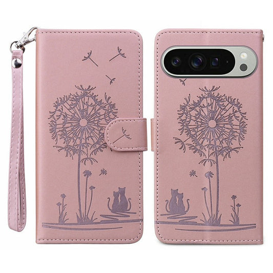 For Google Pixel 9 Pro XL Case Cat Dandelion Imprint PU Leather Wallet Phone Cover with Strap - Pink