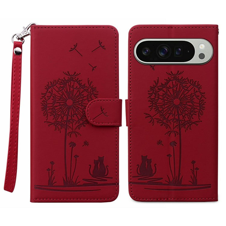 For Google Pixel 9 Pro XL Case Cat Dandelion Imprint PU Leather Wallet Phone Cover with Strap - Red