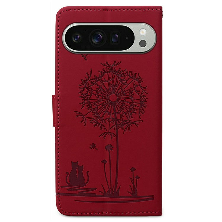 For Google Pixel 9 Pro XL Case Cat Dandelion Imprint PU Leather Wallet Phone Cover with Strap - Red