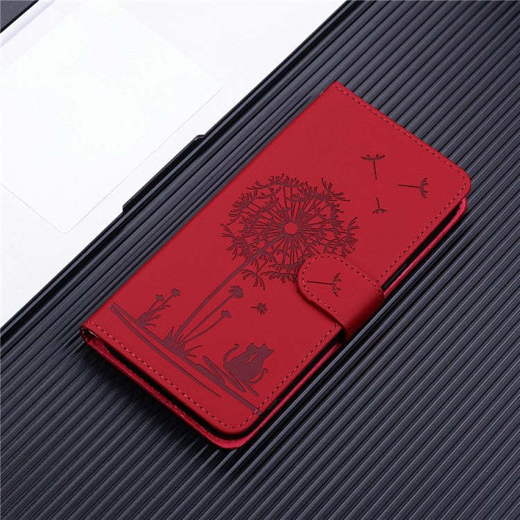 For Google Pixel 9 Pro XL Case Cat Dandelion Imprint PU Leather Wallet Phone Cover with Strap - Red