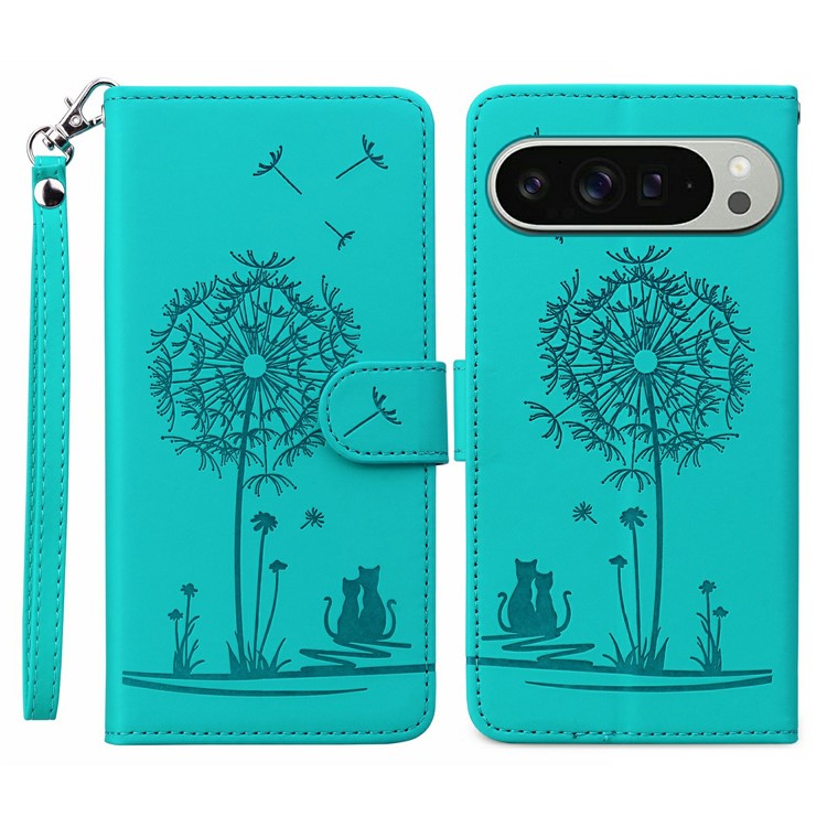 For Google Pixel 9 Pro XL Case Cat Dandelion Imprint PU Leather Wallet Phone Cover with Strap - Blue