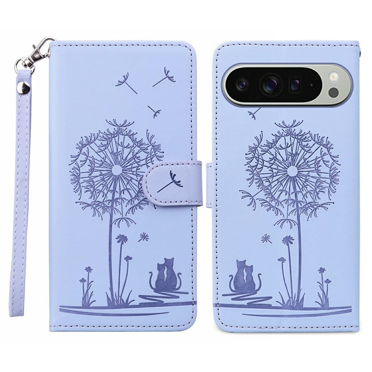 For Google Pixel 9 Pro XL Case Cat Dandelion Imprint PU Leather Wallet Phone Cover with Strap - Purple