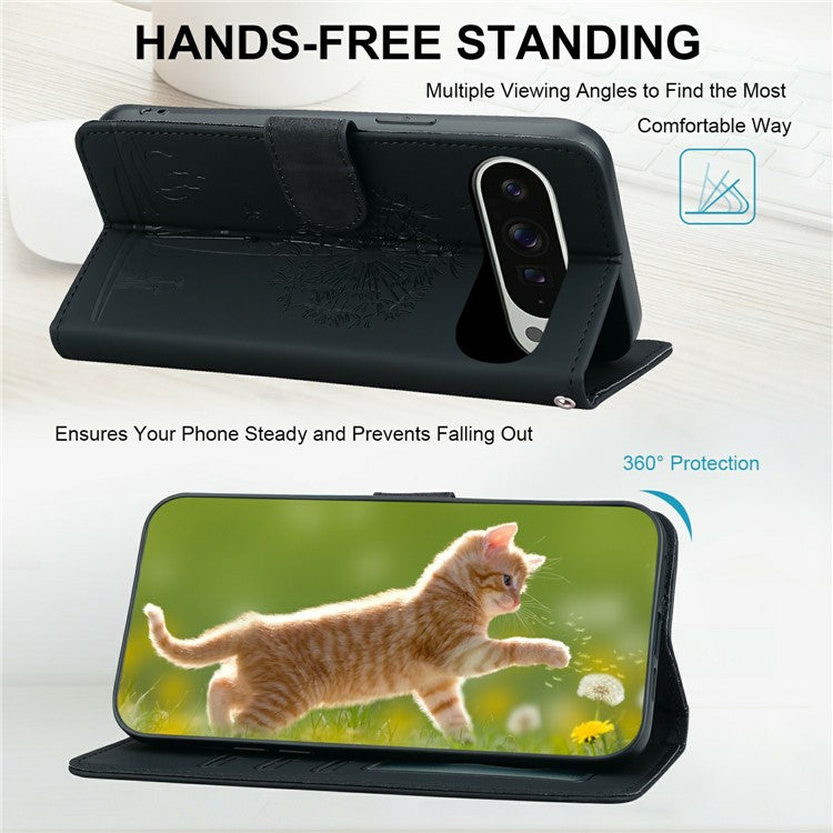 For Google Pixel 9 Pro XL Case Cat Dandelion Imprint PU Leather Wallet Phone Cover with Strap - Black