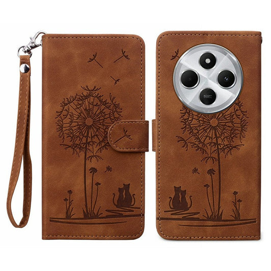 For Xiaomi Poco C75 4G / Redmi 14R 5G / 14C 4G Case Cat Dandelion Imprint PU Leather Wallet Phone Cover with Strap - Brown