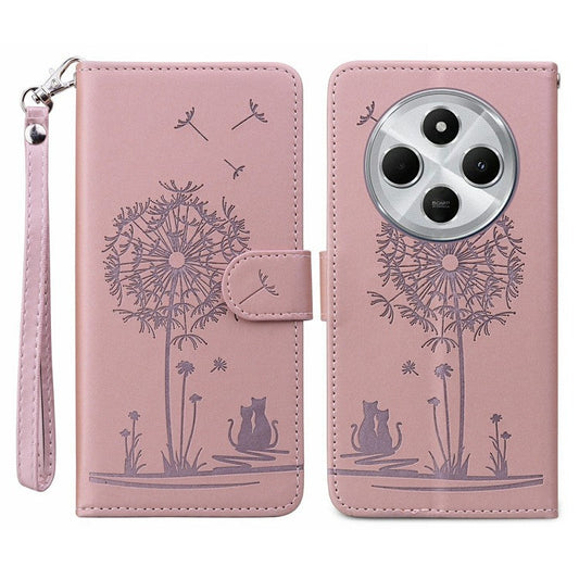 For Xiaomi Poco C75 4G / Redmi 14R 5G / 14C 4G Case Cat Dandelion Imprint PU Leather Wallet Phone Cover with Strap - Pink