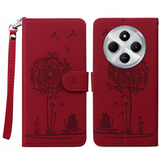 For Xiaomi Poco C75 4G / Redmi 14R 5G / 14C 4G Case Cat Dandelion Imprint PU Leather Wallet Phone Cover with Strap - Red