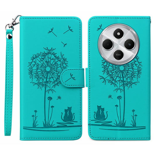 For Xiaomi Poco C75 4G / Redmi 14R 5G / 14C 4G Case Cat Dandelion Imprint PU Leather Wallet Phone Cover with Strap - Blue