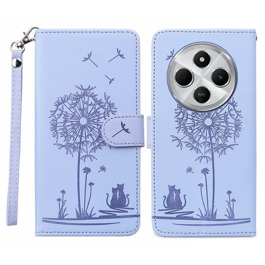For Xiaomi Poco C75 4G / Redmi 14R 5G / 14C 4G Case Cat Dandelion Imprint PU Leather Wallet Phone Cover with Strap - Purple