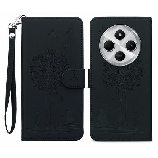 For Xiaomi Poco C75 4G / Redmi 14R 5G / 14C 4G Case Cat Dandelion Imprint PU Leather Wallet Phone Cover with Strap - Black