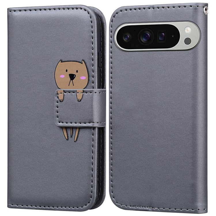 For Google Pixel 9 Pro XL Case Cartoon Pattern Wallet Leather Phone Cover - Grey