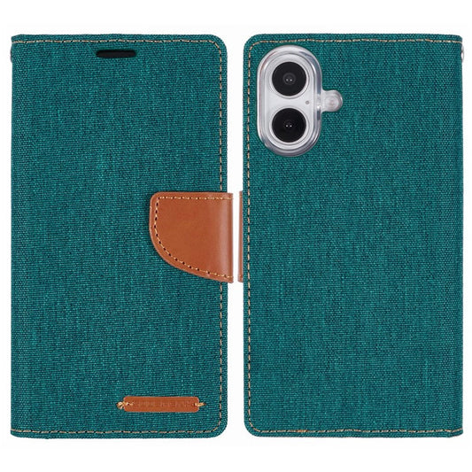 MERCURY GOOSPERY For iPhone 16 Plus Case Canvas Texture Leather Wallet Phone Cover - Green