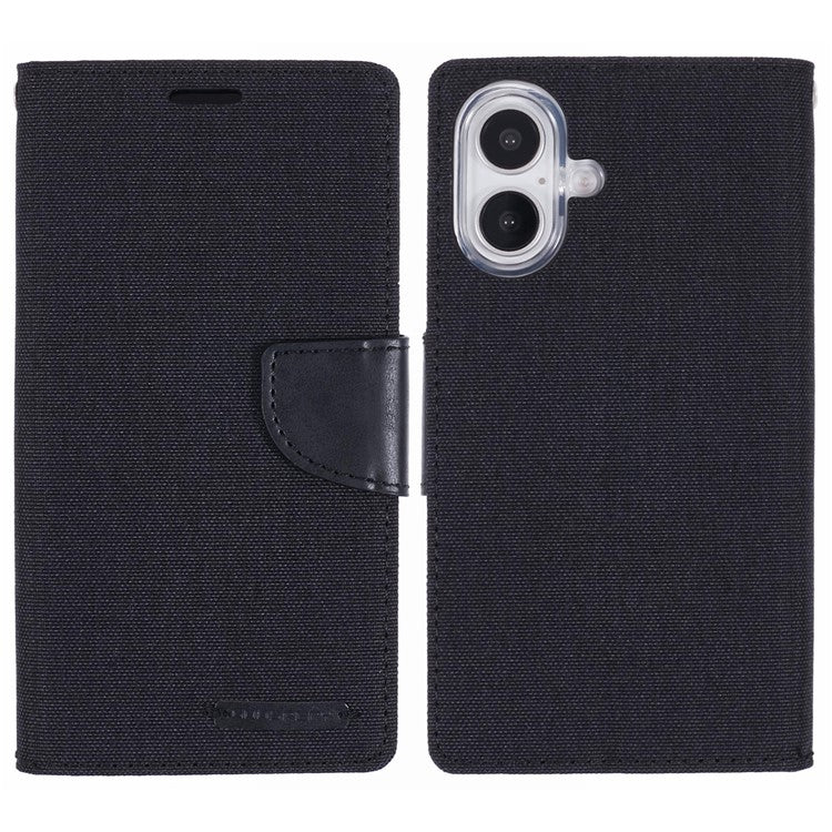 MERCURY GOOSPERY For iPhone 16 Plus Case Canvas Texture Leather Wallet Phone Cover - Black