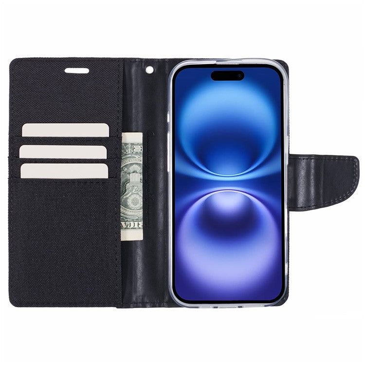 MERCURY GOOSPERY For iPhone 16 Plus Case Canvas Texture Leather Wallet Phone Cover - Black