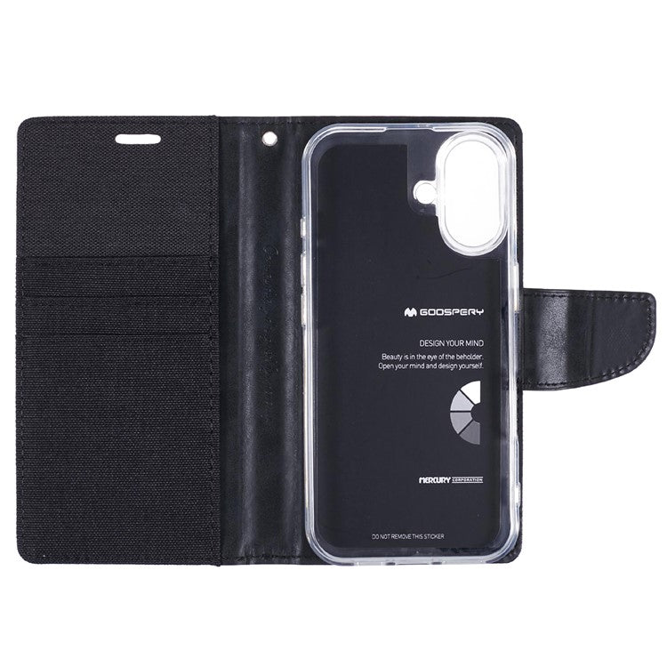 MERCURY GOOSPERY For iPhone 16 Plus Case Canvas Texture Leather Wallet Phone Cover - Black