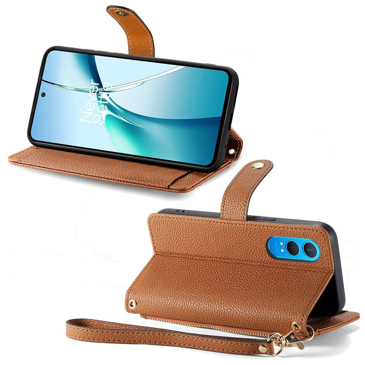 For OnePlus Nord CE4 Lite 5G / Oppo K12x 5G (China) Case RFID Blocking Zipper Pocket Leather Wallet Phone Cover - Brown