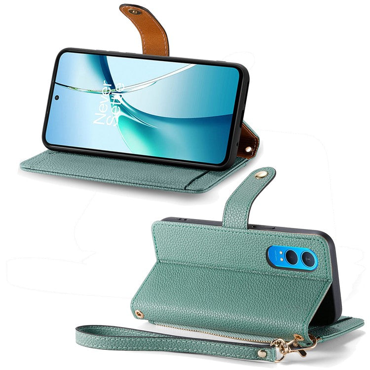 For OnePlus Nord CE4 Lite 5G / Oppo K12x 5G (China) Case RFID Blocking Zipper Pocket Leather Wallet Phone Cover - Green