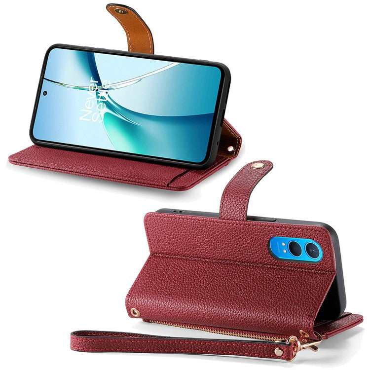 For OnePlus Nord CE4 Lite 5G / Oppo K12x 5G (China) Case RFID Blocking Zipper Pocket Leather Wallet Phone Cover - Red