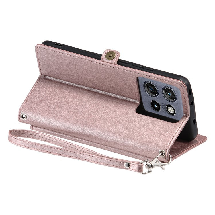 For Motorola Edge 50 Neo 5G / Moto S50 5G / Thinkphone 25 5G Leather Case with Wrist Strap Wallet Stand Phone Cover - Rose Gold
