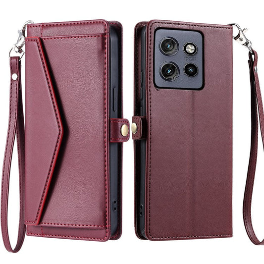 For Motorola Edge 50 Neo 5G / Moto S50 5G / Thinkphone 25 5G Leather Case with Wrist Strap Wallet Stand Phone Cover - Wine Red