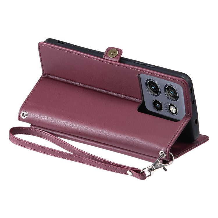 For Motorola Edge 50 Neo 5G / Moto S50 5G / Thinkphone 25 5G Leather Case with Wrist Strap Wallet Stand Phone Cover - Wine Red