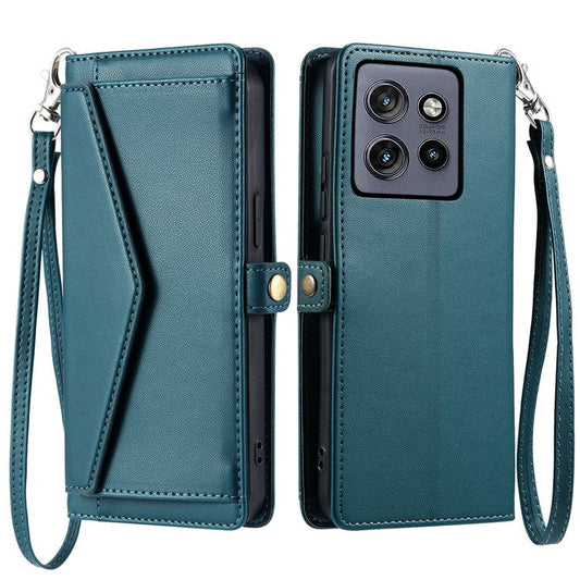 For Motorola Edge 50 Neo 5G / Moto S50 5G / Thinkphone 25 5G Leather Case with Wrist Strap Wallet Stand Phone Cover - Blackish Green