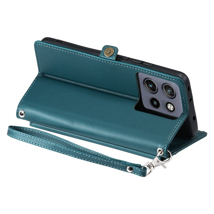 For Motorola Edge 50 Neo 5G / Moto S50 5G / Thinkphone 25 5G Leather Case with Wrist Strap Wallet Stand Phone Cover - Blackish Green