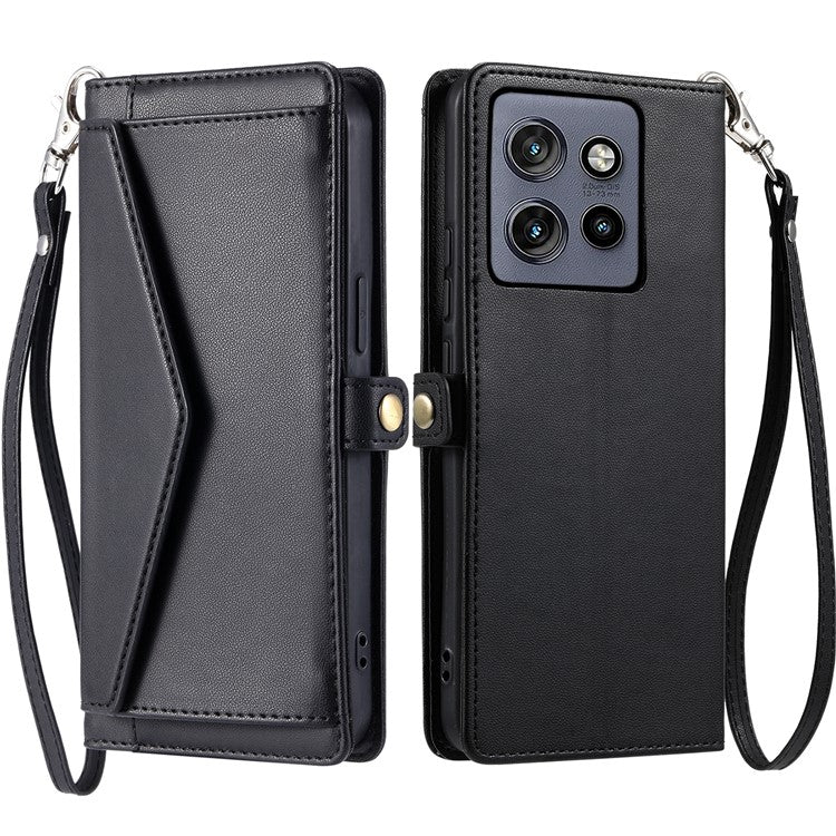 For Motorola Edge 50 Neo 5G / Moto S50 5G / Thinkphone 25 5G Leather Case with Wrist Strap Wallet Stand Phone Cover - Black