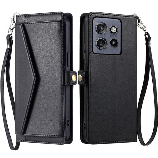 For Motorola Edge 50 Neo 5G / Moto S50 5G / Thinkphone 25 5G Leather Case with Wrist Strap Wallet Stand Phone Cover - Black