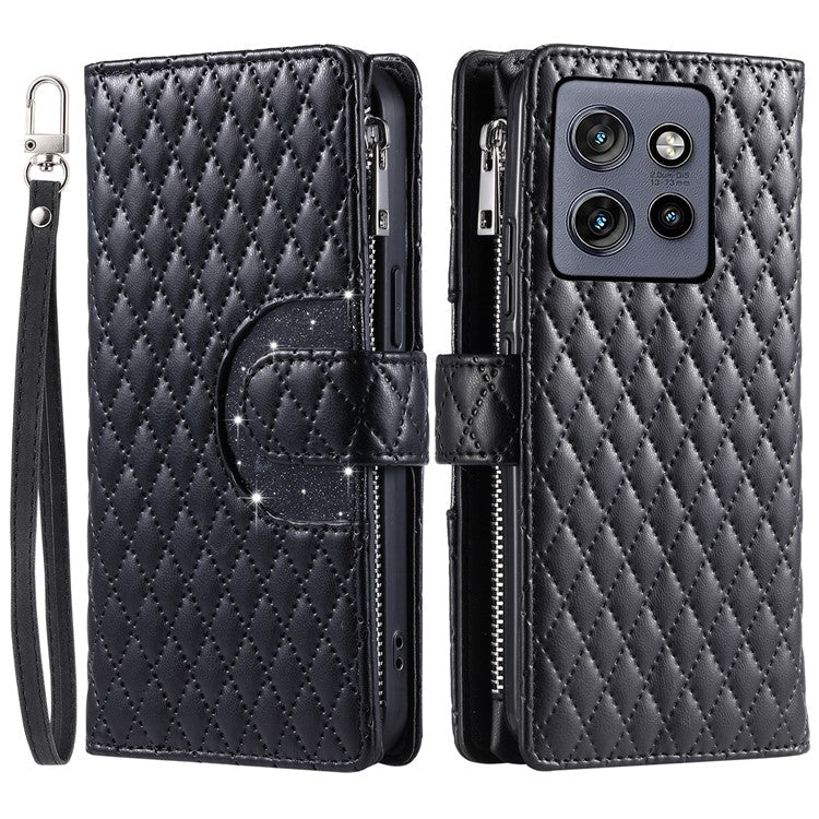 Style 012 for Motorola Edge 50 Neo 5G / Moto S50 5G / Thinkphone 25 5G Case Zipper Pocket Glitter Leather Phone Cover - Black