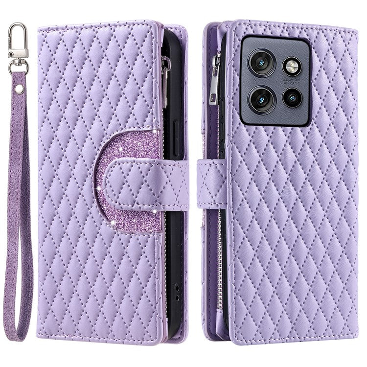 Style 012 for Motorola Edge 50 Neo 5G / Moto S50 5G / Thinkphone 25 5G Case Zipper Pocket Glitter Leather Phone Cover - Purple